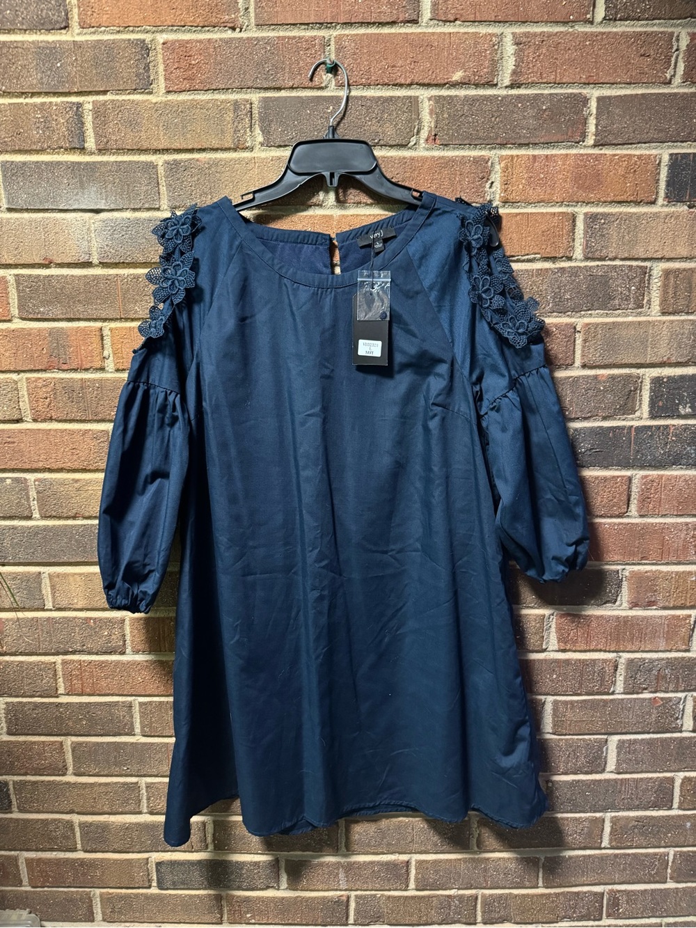 Navy Cold-Shoulder Floral Trim Tunic Dress